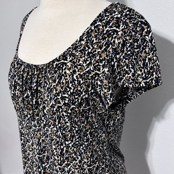 Van Heusen Black Tan White Floral Print Short Sleeve Top L Made in USA Stretch - Picture 3 of 11